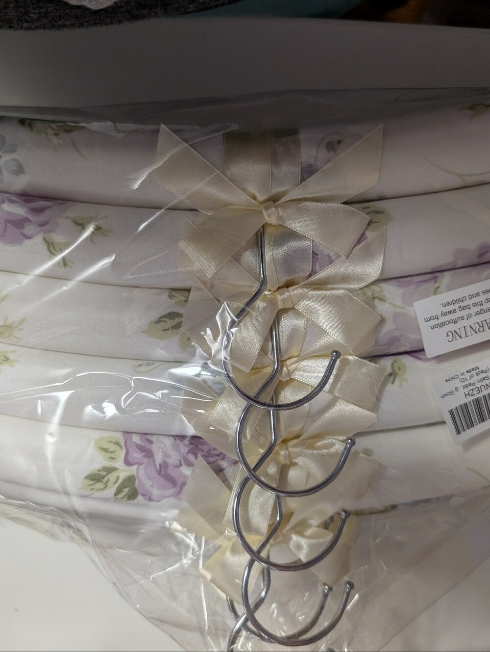 Padded Floral Satin Hangers with Ivory Bows
